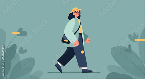Stylized woman with a hat and bag walks amidst abstract foliage