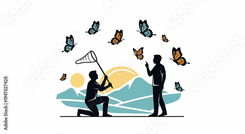 Silhouettes of people, one catching butterflies with a net, another pointing