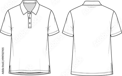 Men’s polo shirt technical flat sketch with front and back view classic collared T shirt apparel template vector line drawing