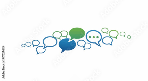 Various speech bubbles in blue and green tones arranged in a dynamic, flowing pattern