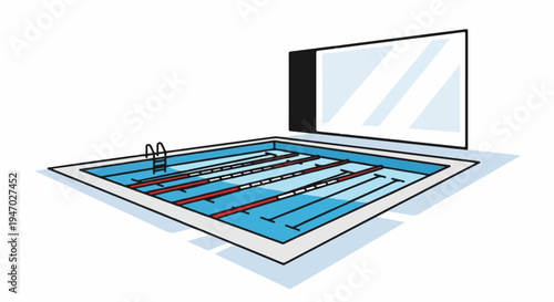 Simple cartoon illustration of a swimming pool with lane markers and a ladder, next to a large screen