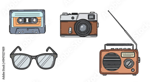 Retro items including a cassette tape, camera, sunglasses, and radio.