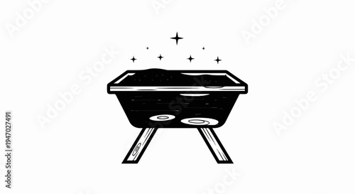 Stylized illustration of a charcoal grill with embers and stars above