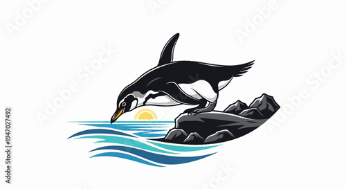 Penguin preparing to dive into ocean waves at sunrise, rocks nearby