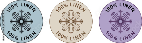 100 Percent Linen Round Label Badge Set with Floral Icon, Natural Textile Certification Vector Illustration Collection for Fabric Products