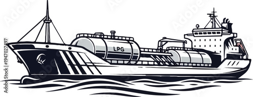 Stylized illustration of a cargo ship transporting liquefied petroleum gas across the ocean waves