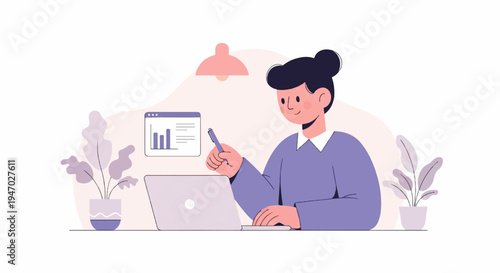 Person at desk with laptop, pen, and plant, viewing data chart