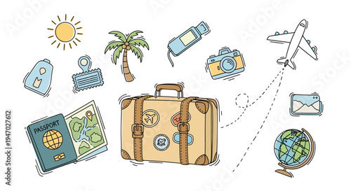 A suitcase surrounded by travel essentials like a camera, passport, and map, with an airplane flying towards a sunny destination.