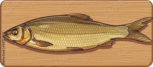 Stylized illustration of a dried fish resting on a wooden board