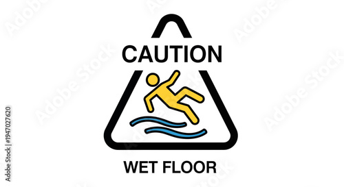 A caution sign warns of a wet floor with a person slipping