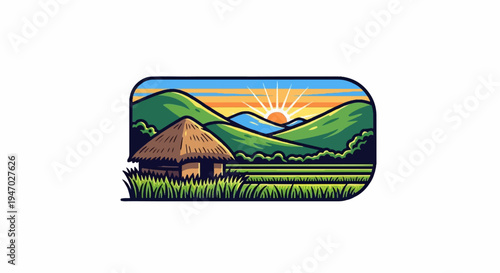 Sunrise over a hut in a lush green valley with rolling hills and fields
