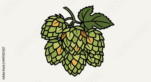 Simple illustration of three green hops with leaves on a cream background