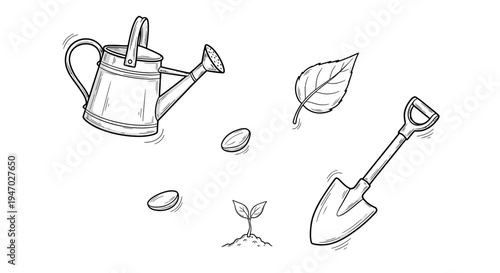 Gardening tools and seeds scattered on soil surface with leafy greens