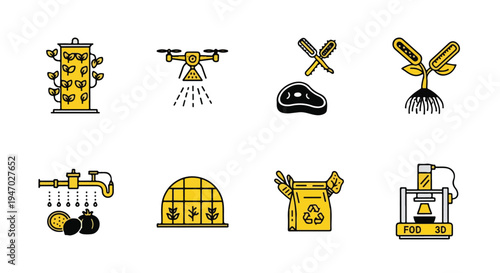 Modern agriculture and smart farming technology vector icon set featuring vertical farm, drone spraying, greenhouse, irrigation, plant with roots, steak, fertilizer bag