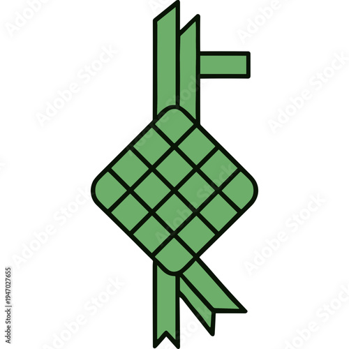 Green woven ribbon tied around a vertical pole with a horizontal bar