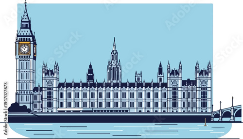 Stylized illustration of a grand architectural complex with a prominent clock tower beside a river