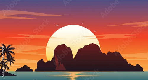 Sunset over ocean with rocky islands and palm trees, pixel art