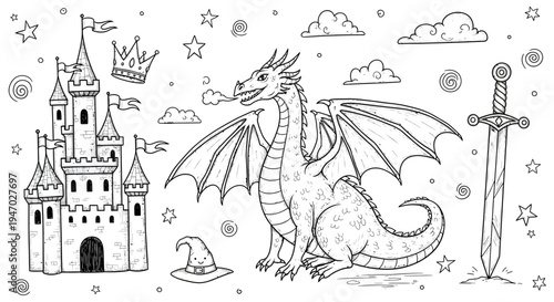 A dragon sits beside a sword and castle under a starry night sky with a wizard hat.