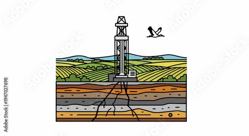 Stylized illustration of a drilling rig set against rolling agricultural fields and geological strata