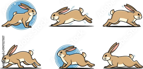 Six frames of a cartoon rabbit in motion, some within blue circles, illustrating various running poses