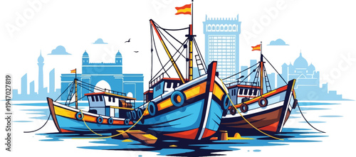 Vibrant fishing boats bob in a harbor with a city skyline and iconic archway backdrop