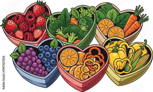 Six heart-shaped bowls overflow with colorful fresh fruits and vibrant vegetables
