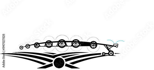 Stylized illustration of a long agricultural spraying machine in motion, with dotted arcs representing water