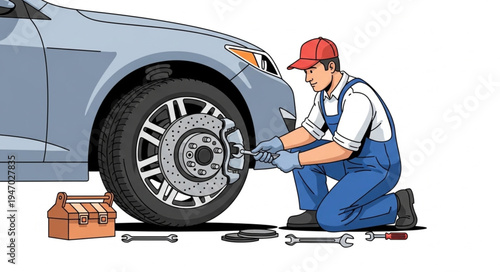 Mechanic changing car tire outdoors.