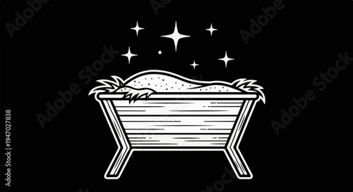 Stylized illustration of a manger filled with hay under a starry sky