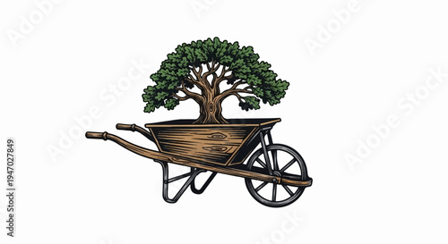 Stylized illustration of a mature, leafy tree growing from a weathered wooden wheelbarrow