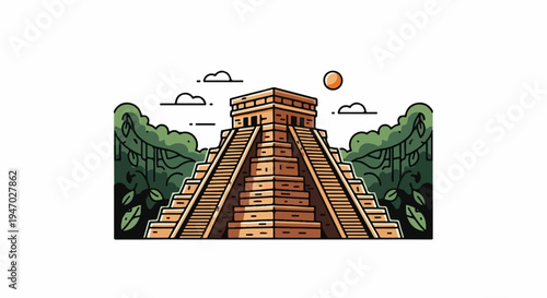Stylized illustration of a Mayan pyramid with lush jungle and sun