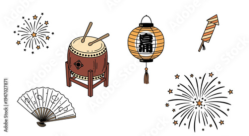 Vibrant Japanese Festival Scene with Lanterns Fireworks Drums and Fans