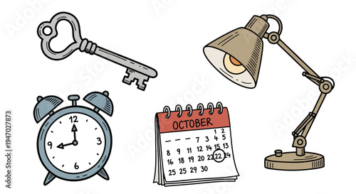 A key, alarm clock, calendar, and lamp on a table indoors.