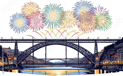 Vibrant fireworks explode above a majestic arched bridge spanning a reflective river at dusk