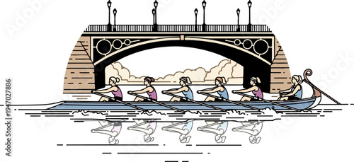Six women row in unison on a tranquil river, beneath an ornate bridge