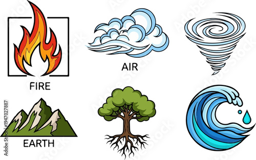 Six simple, iconic illustrations represent the four classical elements and nature