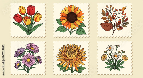 Six postage stamp style illustrations of different flowers and autumn foliage