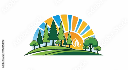 Vibrant green trees on rolling hills under a radiant sunburst sky