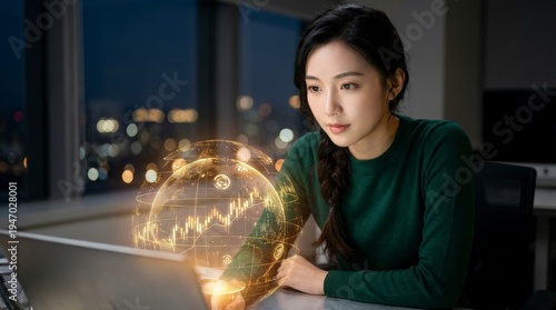 Woman interacts with artificial intelligence holographic interface at desk