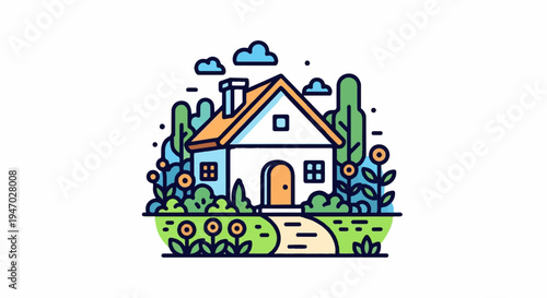 Stylized illustration of a quaint house nestled within a vibrant garden of trees and flowers