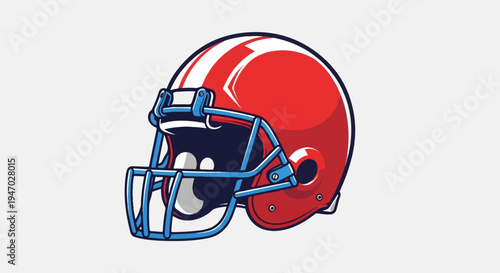 Vibrant red helmet with blue cage and white stripes, ready for action