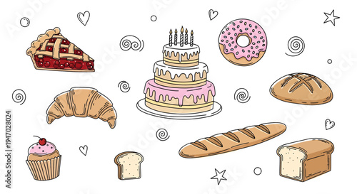 A colorful assortment of baked goods on a plate with cake and donuts