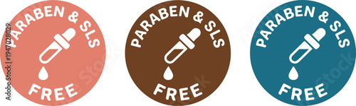 Paraben and SLS Free Cosmetic Badge Set with Dropper Pipette Icon, Natural Skincare Product Label Vector Illustration Collection