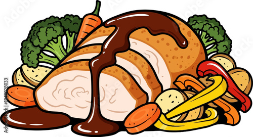 Sliced roasted poultry covered in rich brown gravy, served with colorful roasted vegetables