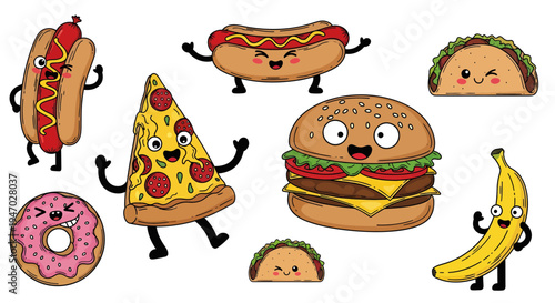 Food items dancing with joyful happy cartoon faces together indoors