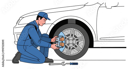 Mechanic changing car tire outdoors.