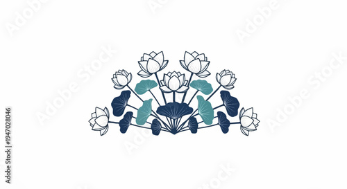 Symmetrical arrangement of white lotus flowers and blue-green leaves in a fan shape