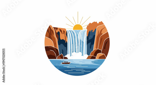 Vibrant sunrise illuminates a powerful waterfall cascading into a serene lake with a lone boat