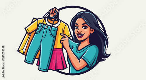 Smiling woman holding clothes on a hanger, featuring a yellow top and blue jeans