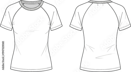 Front and back view women raglan sleeve t shirt template outline crew neck apparel mockup for fashion clothing design vector